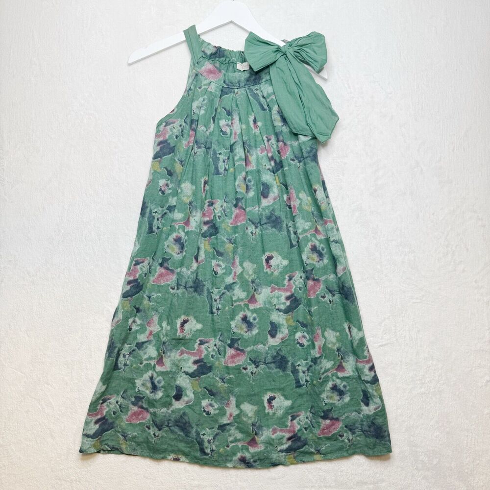BELLA UMBRA 100% Linen Halter Floral Sundress Bow Green Made In Italy‎ Sz XS